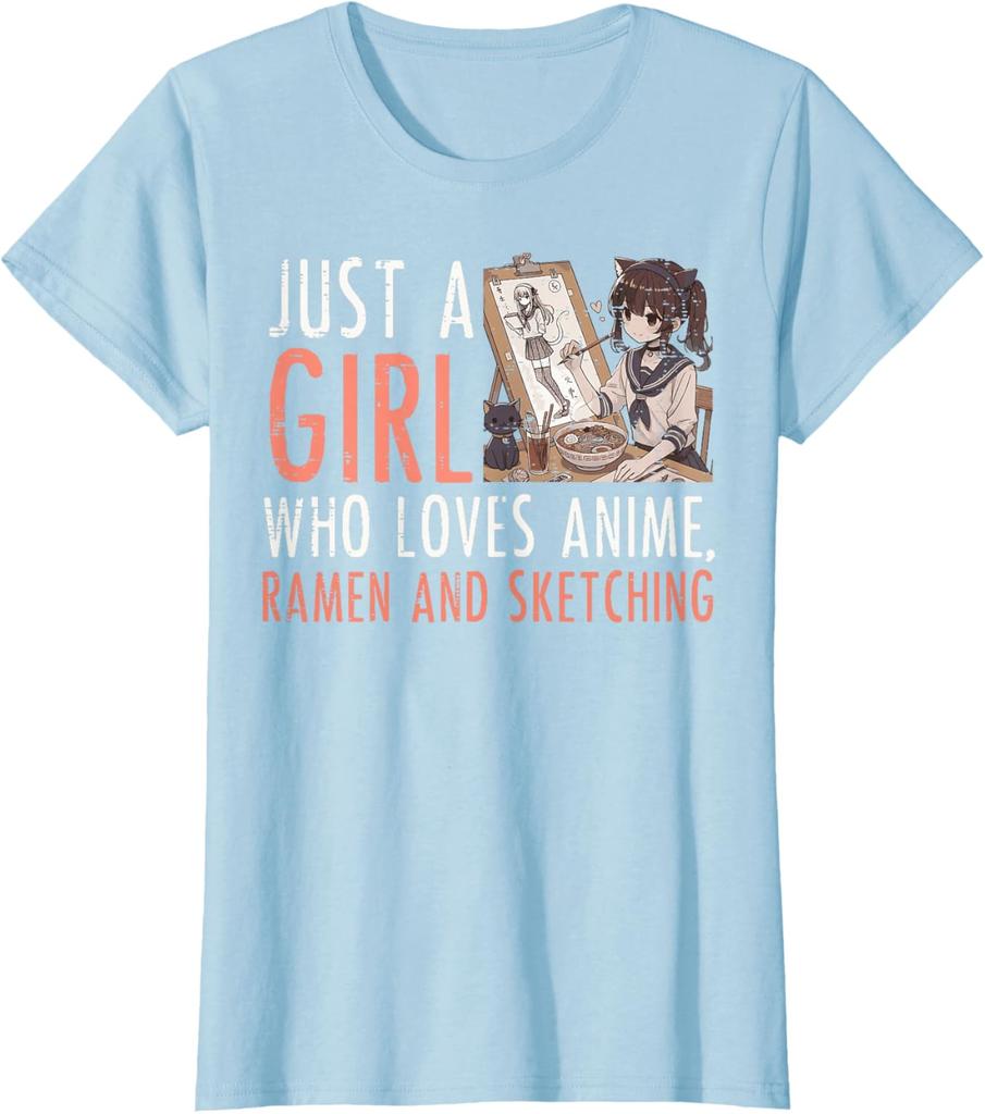 Anime Ramen Sketching Girl Graphic Tee Kawaii Drawing Lover Casual TShirt for Women
