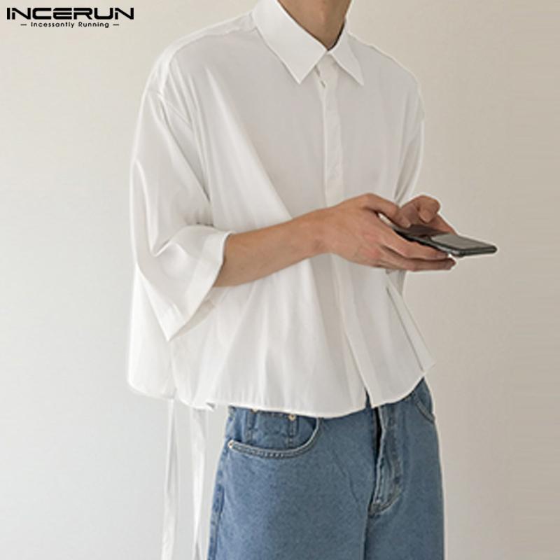 

INCERUN Мужские рубашки на пуговицах с рукавами 3/4, весенне-летние топы чёрный