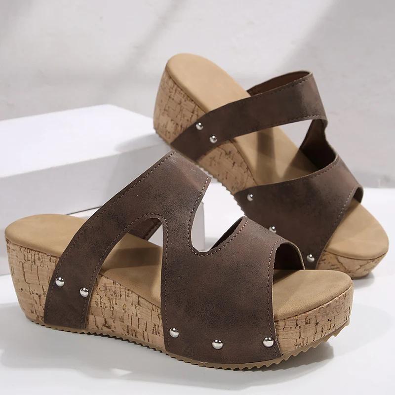 Fashion Plus Size 36-43 Chunky Platform Sandals Women 2025 Open Toe Summer Wedge Slippers Woman Rivets Decor Thick Bottom Slides Female