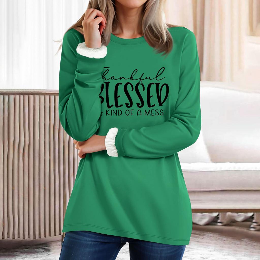 Kadın Yuvarlak Yaka Üst Harf Baskılı Kalınlaştırılmış Peluş Kaşmir Sıcak Uzun Üst