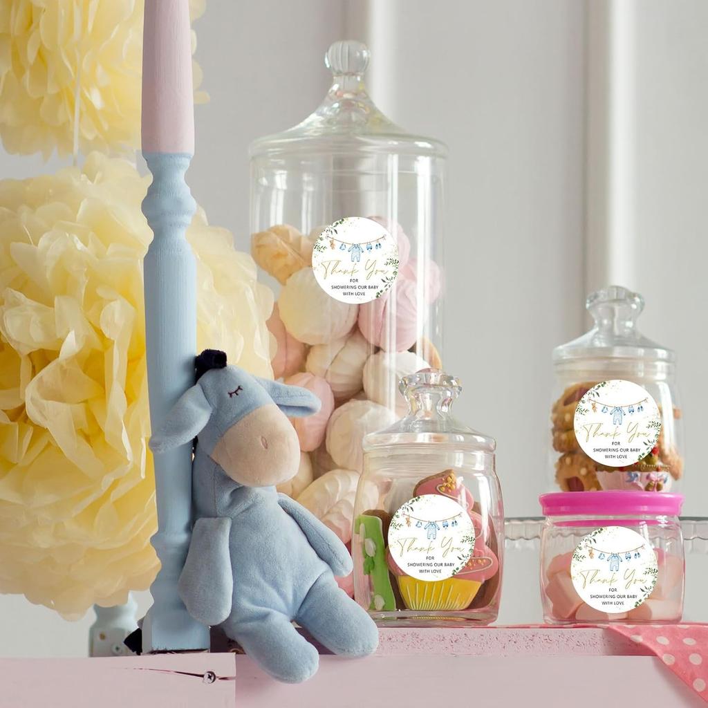 Whaline 100Pcs Baby Shower Clothes Thank You Stickers 2 Inch Cute Blue Clothes Round Adhesive Label Decals for Boy Birthday Party Decorations