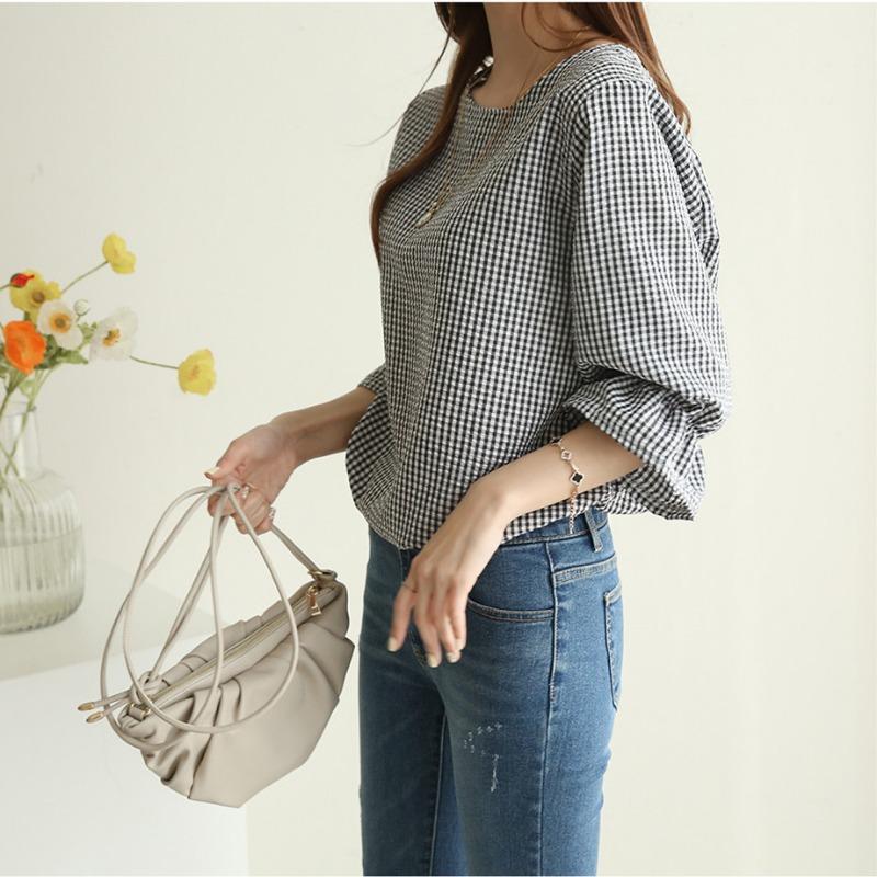 Lotus Leaf Sleeve Thousand Bird Grid Round Neck Casual Top Women's Summer Korean Version Small Fresh Loose Mid Sleeve Tailcoat Shirt