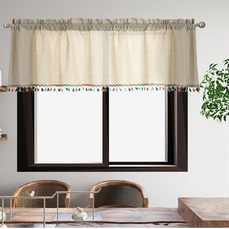 Short Curtain With Colorful Tassels For Home Decors Semi Sheer Window Drape Valance Panel Easy Installation Rod Pocket