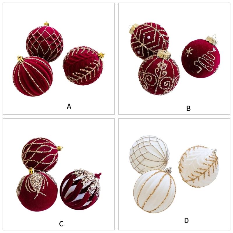 3Pcs Elegant Christmas Tree Baubles with Glitters and Pearls Festival Hanging Ornament Daily Use Home Accessory