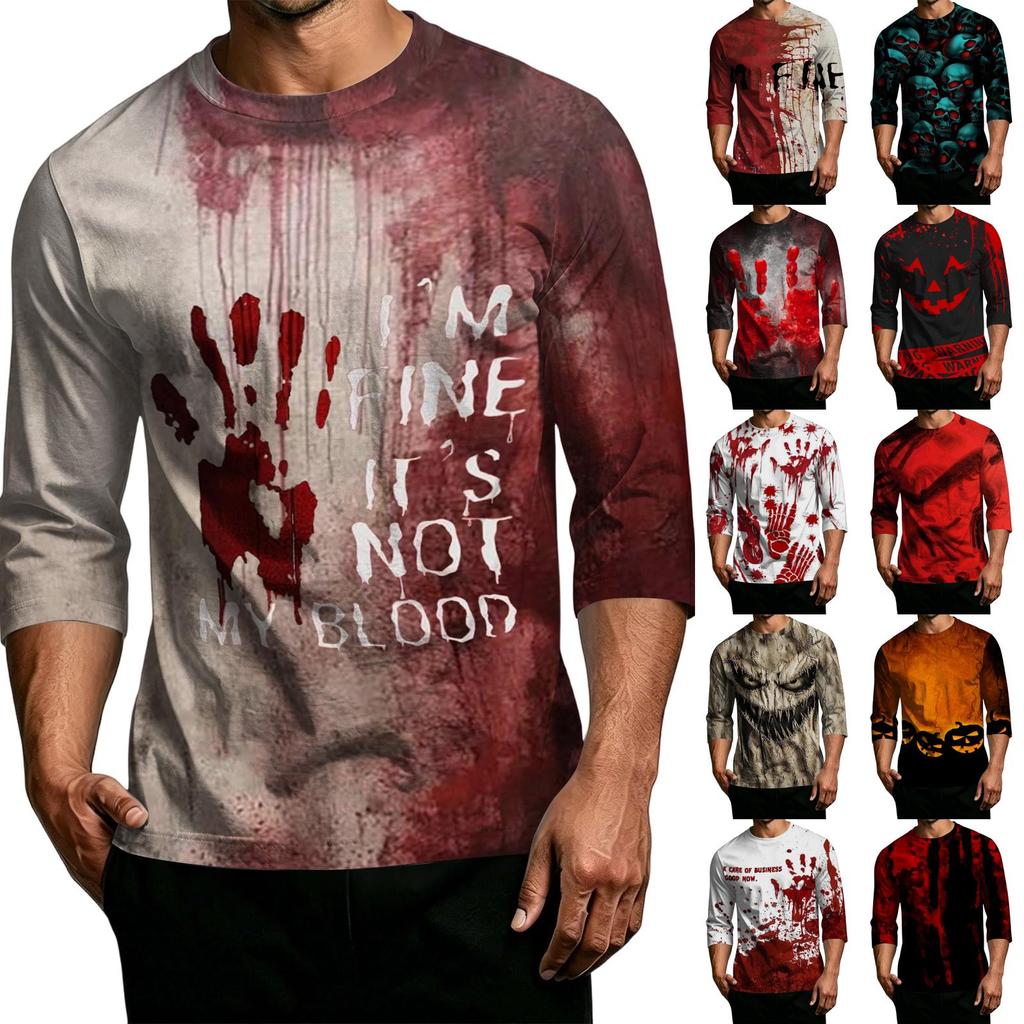 Men's Casual Halloween Graphic T-Shirt Three Quarter Sleeve Crew Neck Top Lightweight Comfortable Fit