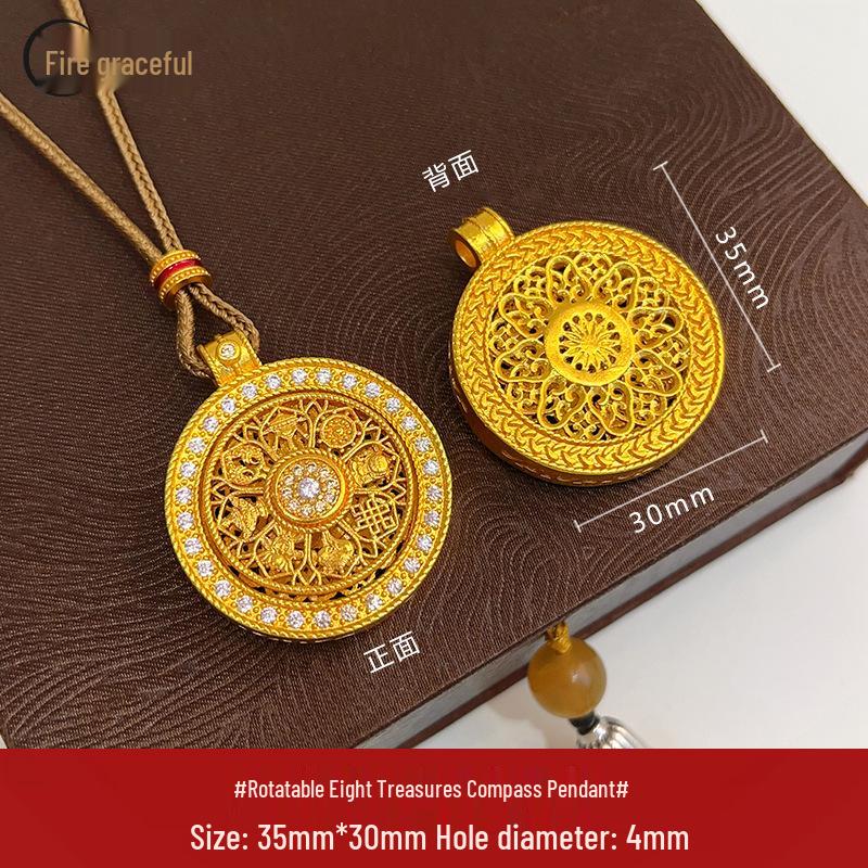 Gold Sand Eight Treasures Compass Pendant Necklace with Gourd Charm for Women