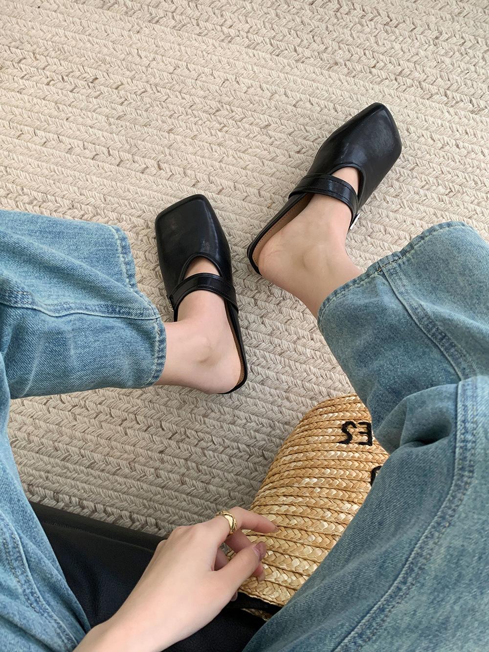 

Сумка с плоским дном, головка и полутапочки для женщин для ношения 2025 новый ленивый бабушкин Дуду Мюлер обувь полуподнос мягкая кожа прилив 40 чёрный