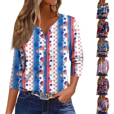 Womens Tops Print Vintage Fashion Casual Loose With V Neck Plus Size Shirts
