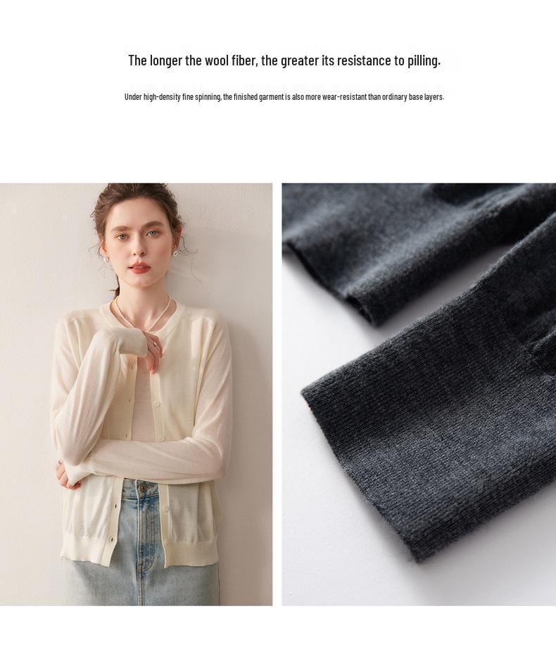 Women's 100% Pure Wool Saddle Shoulder Cardigan - Thin, Round Neck, Fine Knit, Long Sleeve for Simple Commute