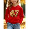 Unisex Kids Pink Crewneck Sweatshirt For 4-12 Boys Girls Luxury Golden Frame Ruby Diamond Inlaid Number 67 Cartoon Gem Jewelry Print