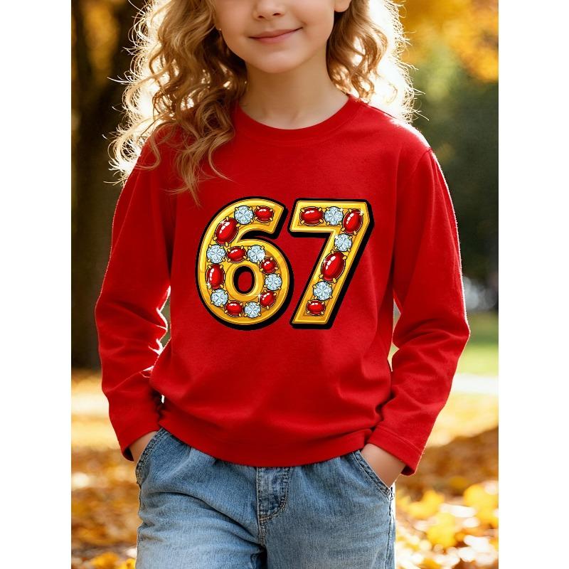 Unisex Kids Pink Crewneck Sweatshirt For 4-12 Boys Girls Luxury Golden Frame Ruby Diamond Inlaid Number 67 Cartoon Gem Jewelry Print