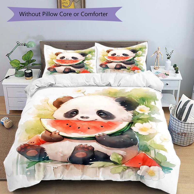 

3pcs Panda Eating Watermelon Quilt Cover Set (1 Quilt Cover + 2 Pillowcases Without Pillow Core), High-Definition Printing for Home and Dormitory 135x200cm