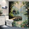 Chinese Landscape Bath Curtain – Waterfront, Wooden Bridge, Lotus & Mountains, 70x70in, Polyester, Washab