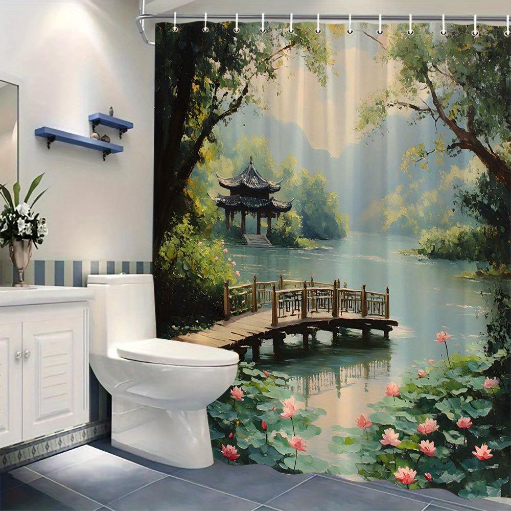 Chinese Landscape Bath Curtain – Waterfront, Wooden Bridge, Lotus & Mountains, 70x70in, Polyester, Washab