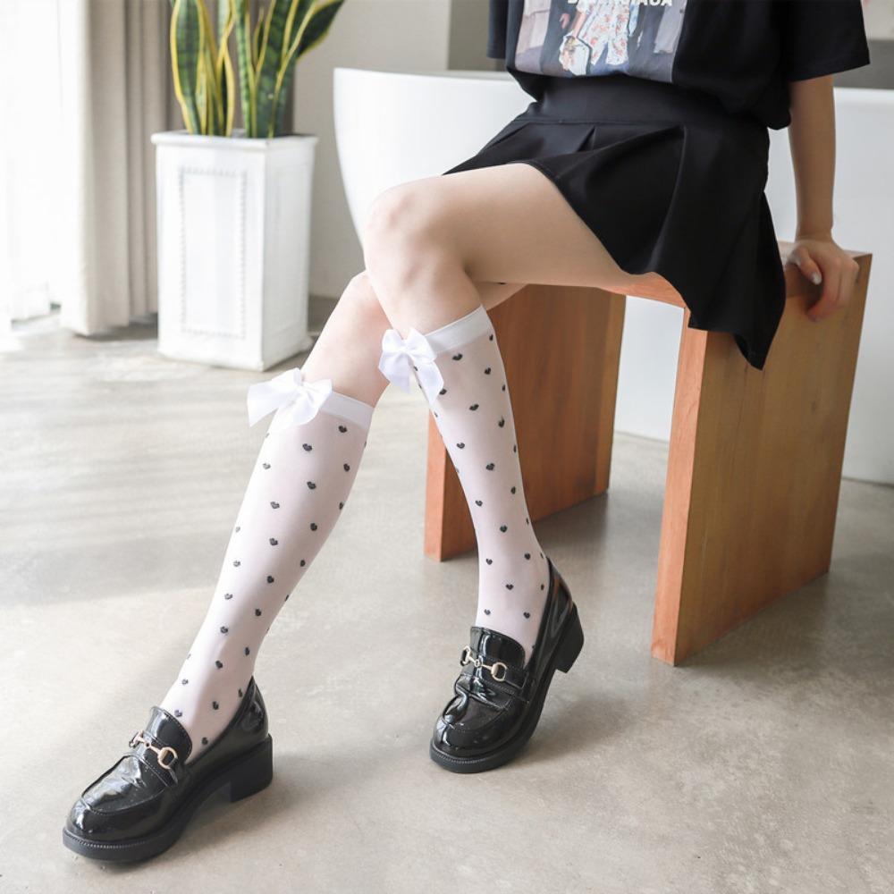 White Bow Calf Socks Stockings Summer Lolita Lolita Socks Women's Medium Tube Socks Jk Jacquard Love Tube Socks