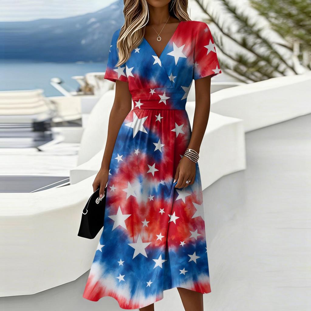 Women's Independence Day Print Casual Fashion Short Sleeve V-Neck Dress