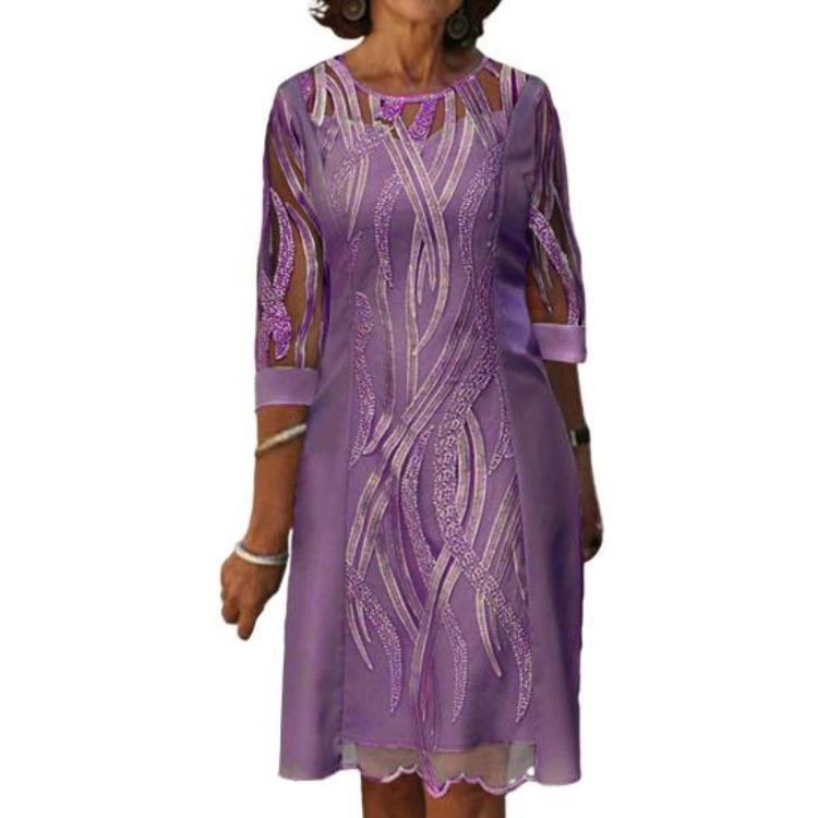 Vestido de Festa da Moda 2024 Mulheres Gola Redonda Renda Emenda Midi Comprimento do Joelho Falso Duas Peças Versátil Roupa Feminina