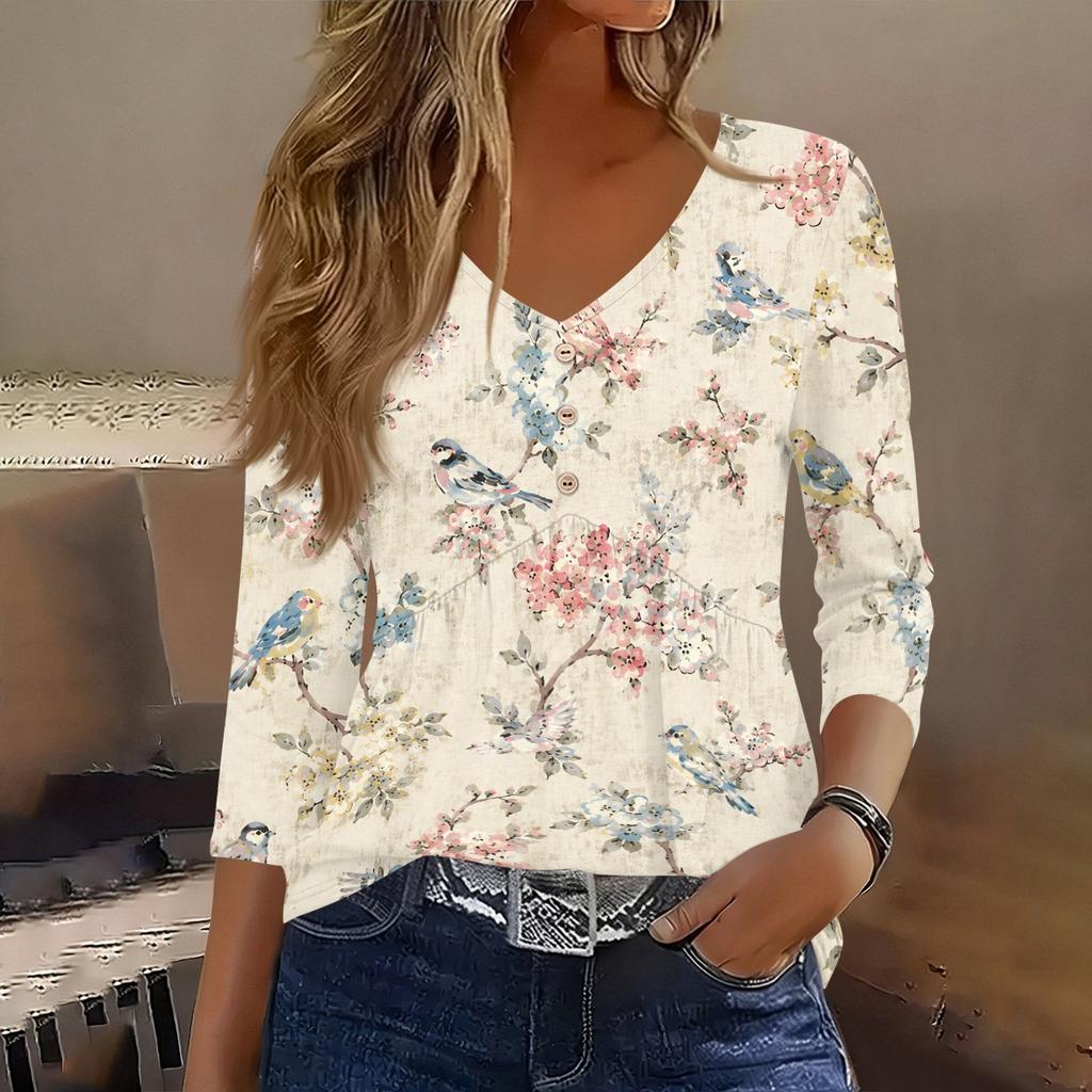 Womens 3/4 Sleeve V Neck Button Detail Floral Print Tunic Top Casual Loose Fit Lightweight Blouse
