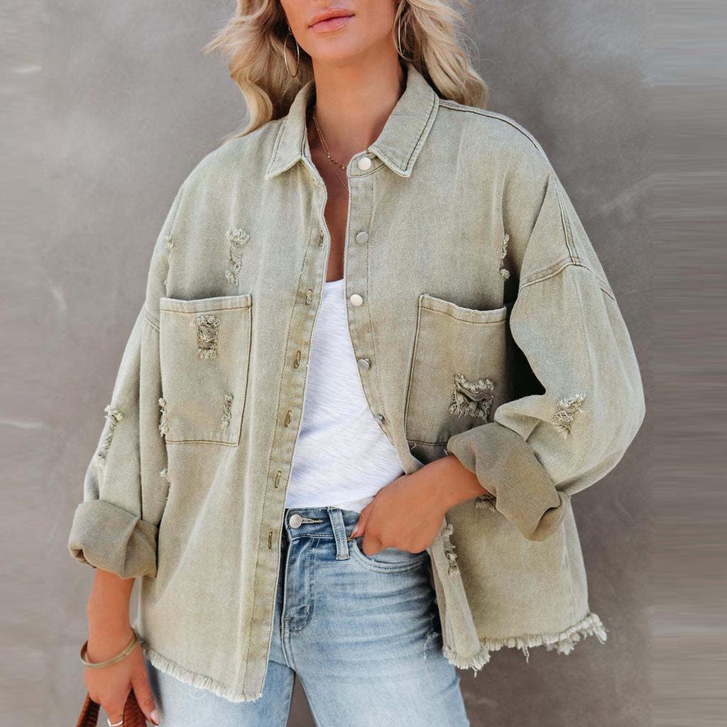Women's Fashion Casual Solid Color Long Sleeve Denim Jacket