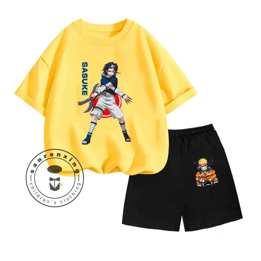 Unique NARUTO Animated Cartoon Character Vertical Print Design O-neck Skin-friendly Short Sleeve and Shorts Kids Two-piece Set