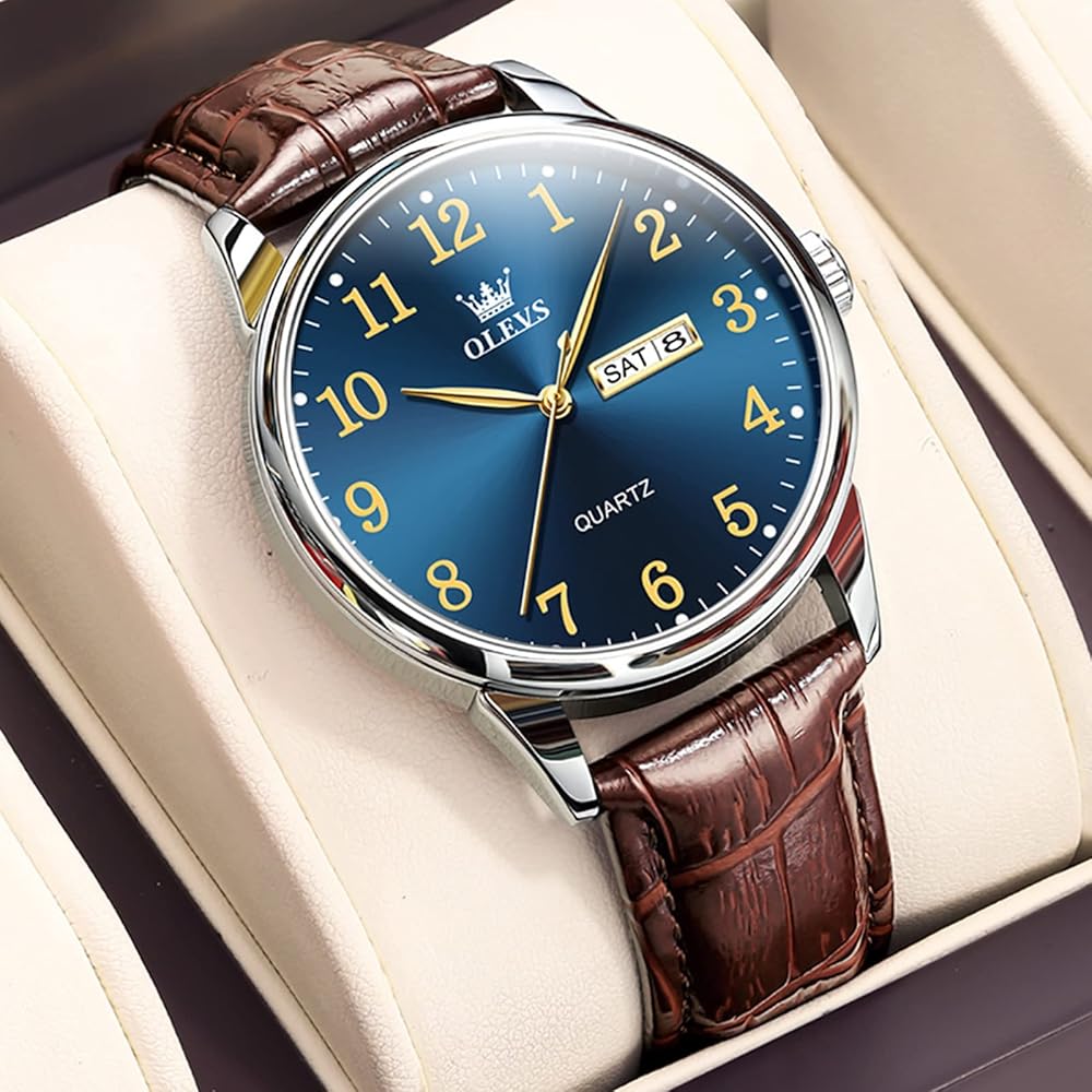 OLEVS Men's Casual Analog Watch Brown Leather Band Waterproof Business Quartz Date Display