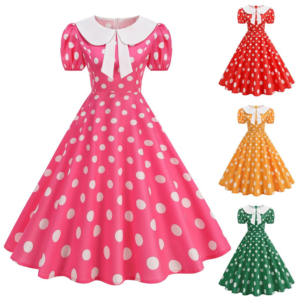 Women's Casual Polka Dot Dress with Collar and Puff Sleeves Slim Fit