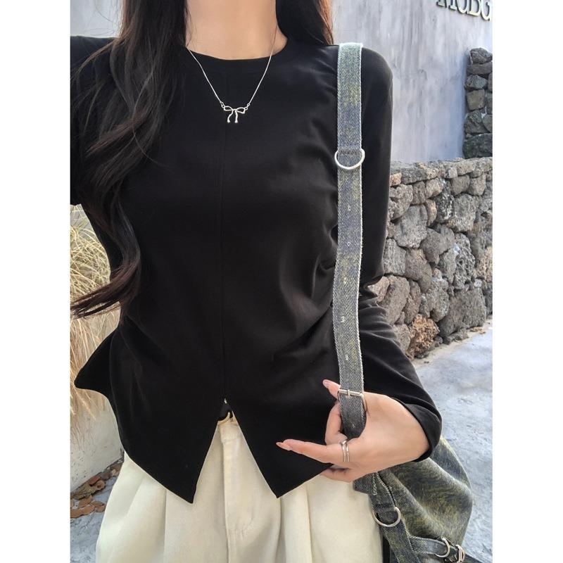 Autumn new split hem long-sleeved T-shirt women's slim inner bottoming shirt black top