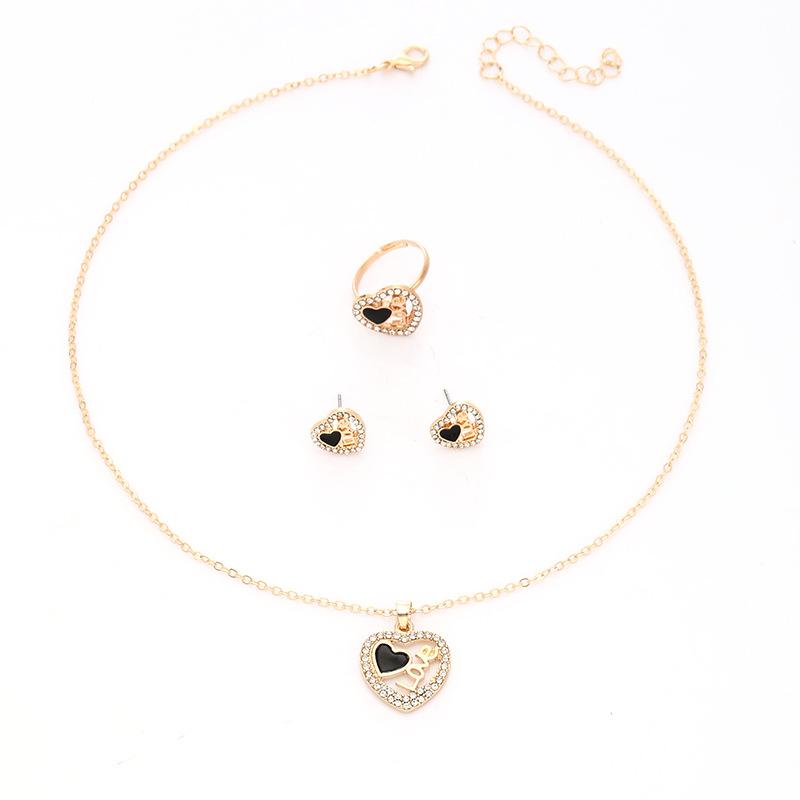 ins Love Jewelry Set Fashion Diamond LOVE Letter Peach Heart Necklace Earrings Ring 3-piece Set