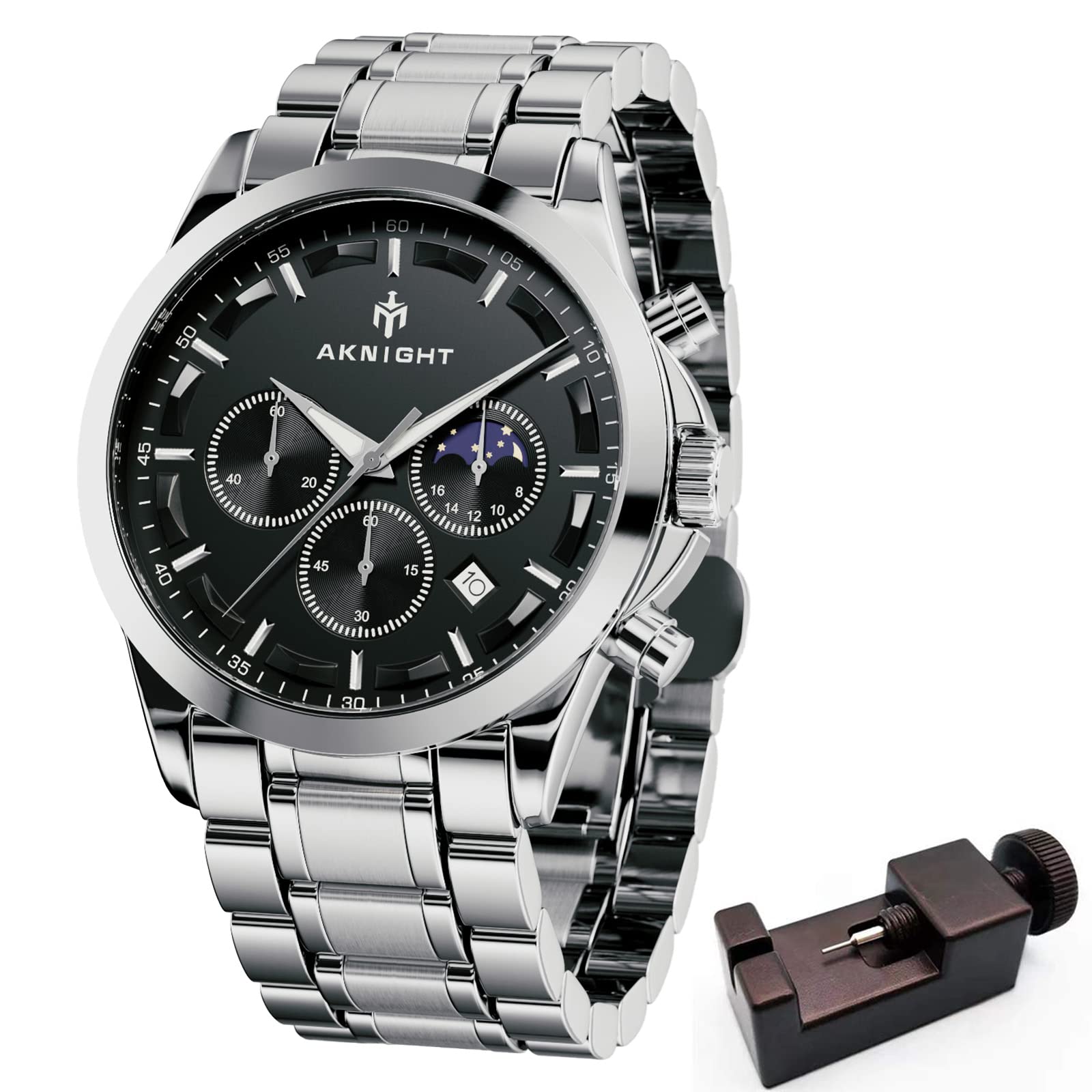 

AKNIGHT Стильные мужские часы Мужские часы с люминесцентным хронографом и фиксированным безелем Аналоговые наручные часы с календарем Водонепроницаемый кожаный/нержавеющий стальной ремешок