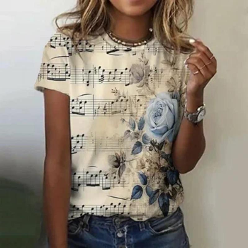 Summer Round Neck 3D Musical Note Print Top Fashionable Casual Short Sleeved Women's T-shirts