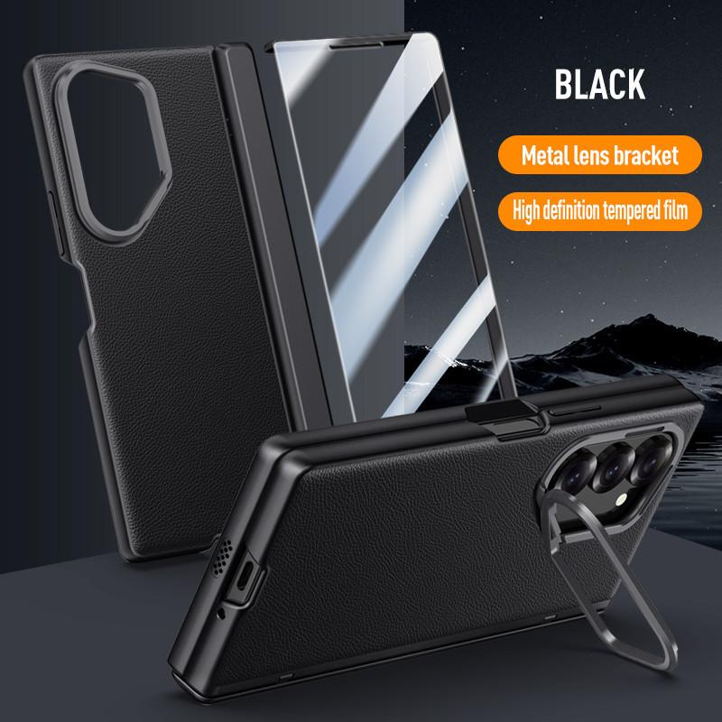 Magnetic Metal Ring Bracket Phone Case for Samsung Galaxy Z Fold 6 5G with Lens Stand Skin Feel Leather Hinge Protective Cover