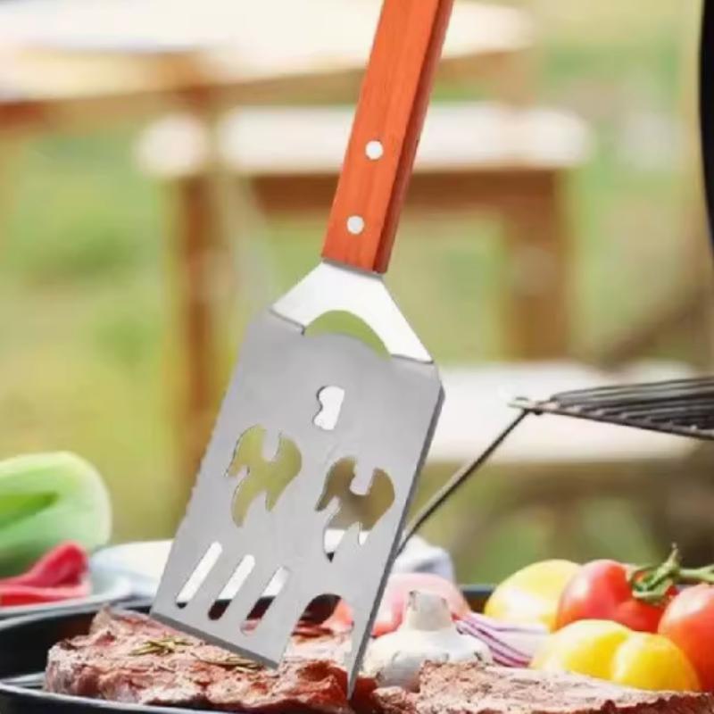Multi functional creative barbecue shovel with wooden handle, grill spatula with fork knife, bottle opener, kitchen cooking tool