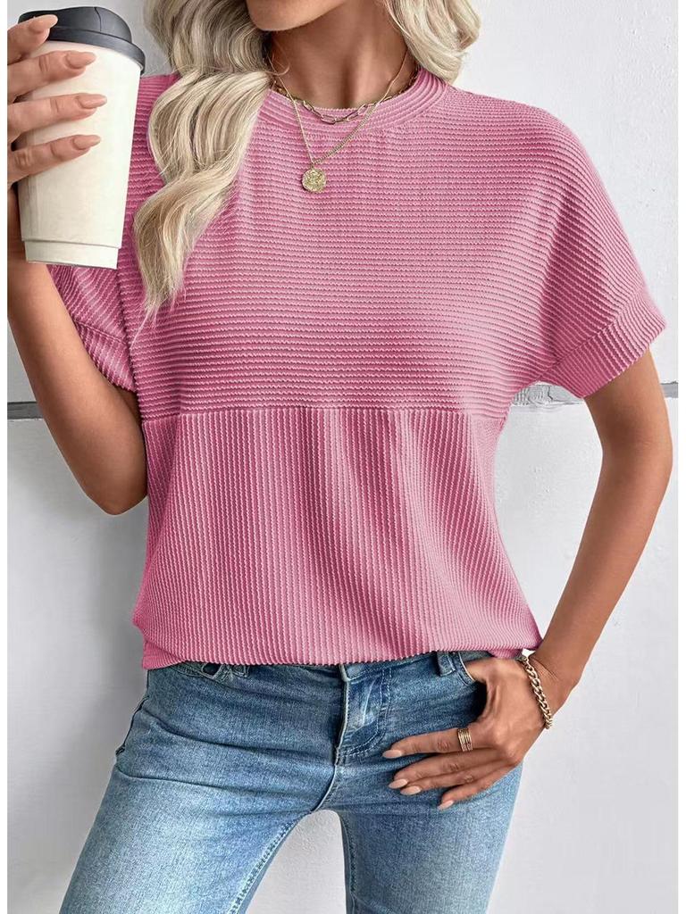 2026 European & American Women's Summer Casual Solid Color Round Neck Short Sleeve Loose T-shirt