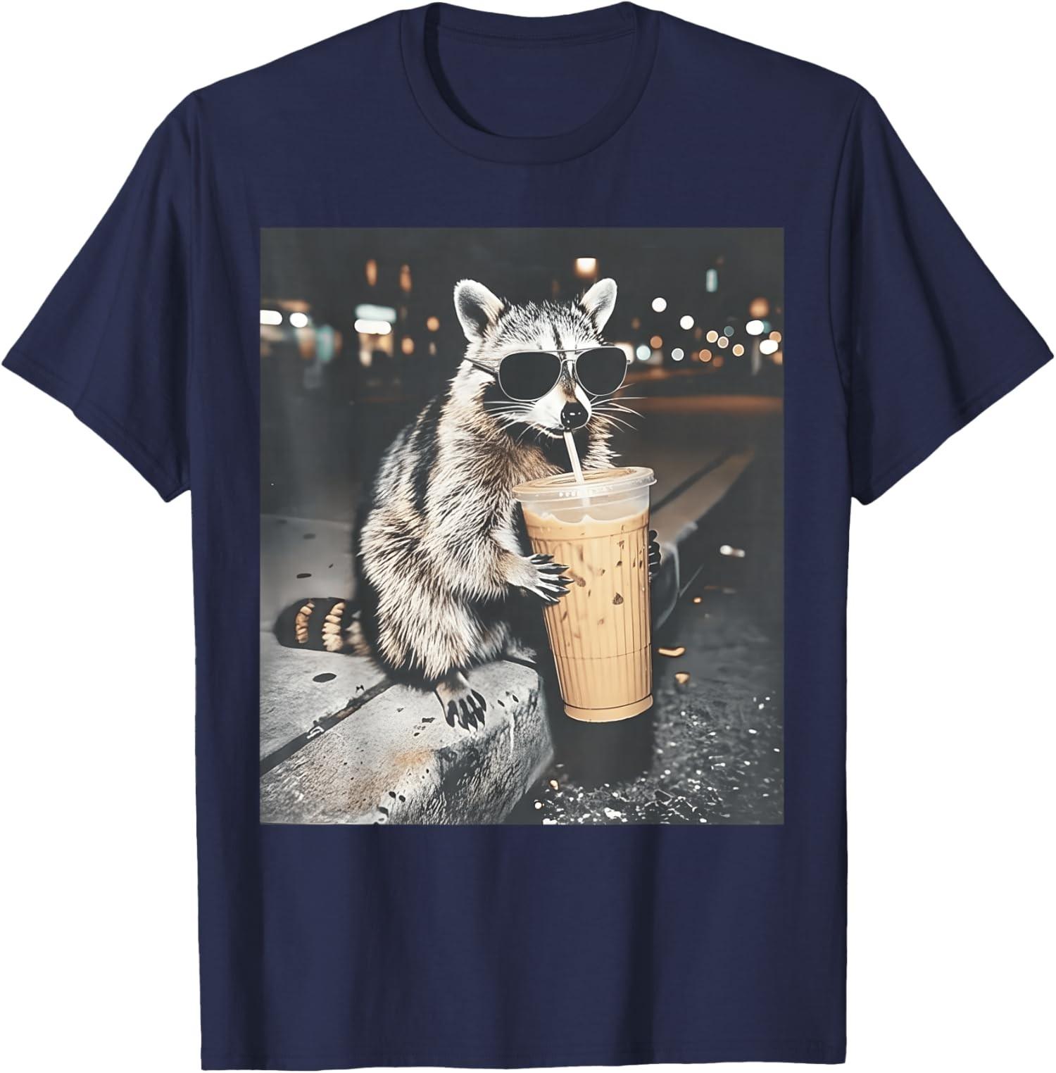Raccoon Drinking Iced Coffee Funny Animal Meme Unisex T-Shirt S