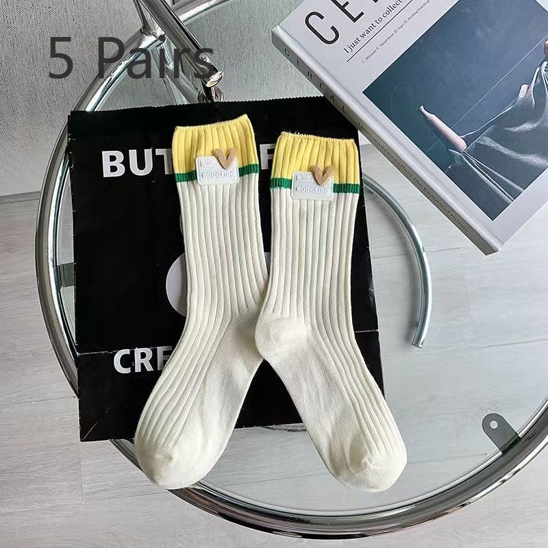 

5 Pairs of Women s Autumn Solid Color Middle Tube Heart Pink Pile Socks 5 Pairs бежевый