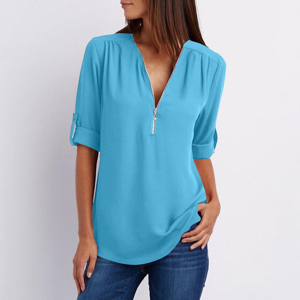 Women's Color Casual Fashion V-neck Zipper Long Sleeved Loose Chiffon Top With Adjustable Sleeves