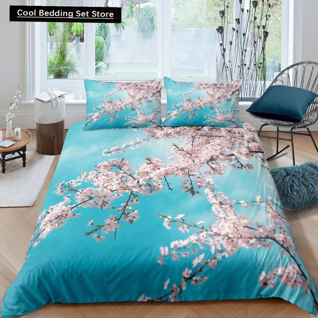 Rosa Kirschblüten King Queen Bettwäscheset Frühlingsflora Bettbezug Japanische Blumen Steppdeckenbezug Weicher Polyester Bettdeckenbezug