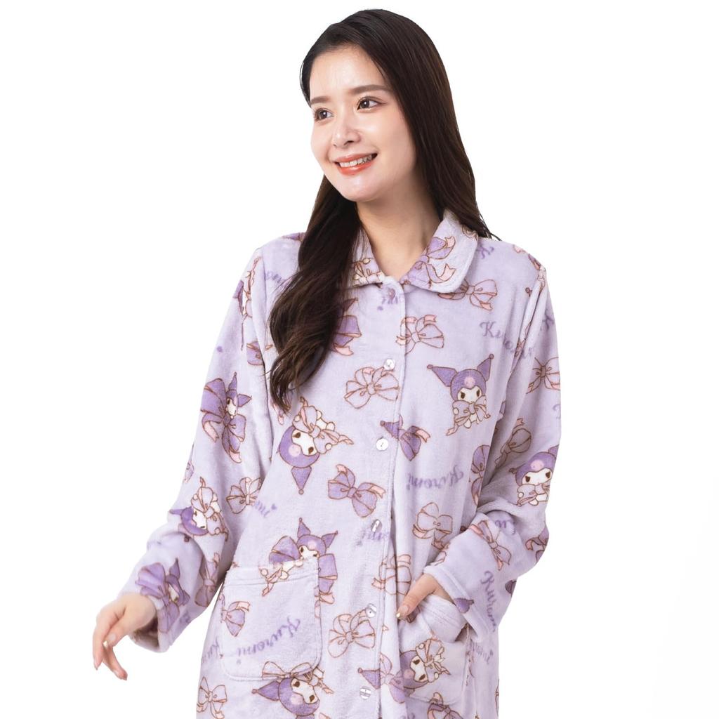 Kuromi Front Ribbon Kuromi [SAZAC] Dress, Nightgown, Flannel, Women's, Button, Loungewear, (Purple/M-L/SAN1751)