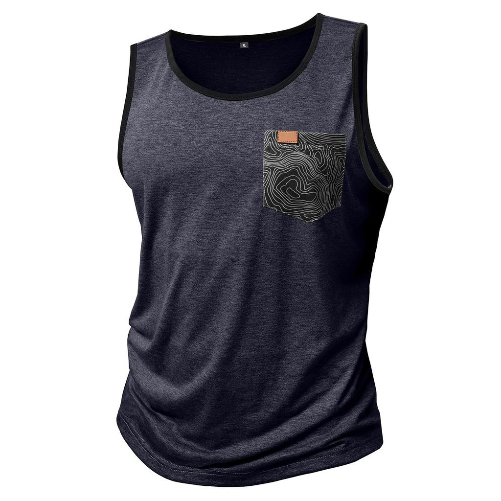 Men’s Vest Sleeveless Tops Printed Chest Pocket Summer Sports Fitness Loose Shirts