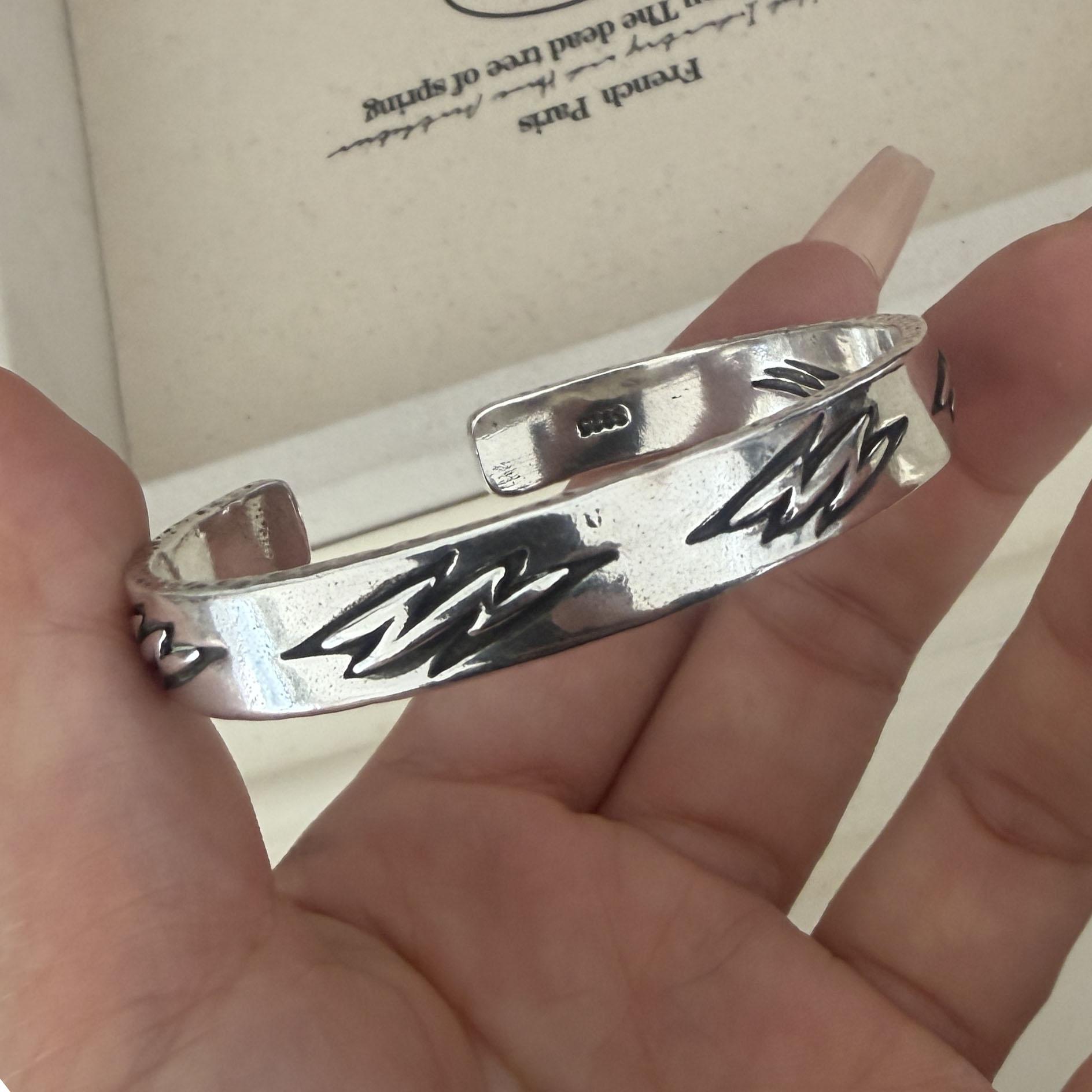 

100% Solid 925 Sterling Silver Retro Bracelet for Women Men Vintage Handmade Flash Shape Simple Bracelet Birthday Gift