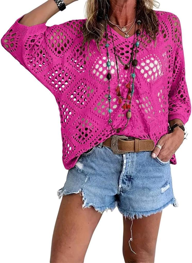 Cardigan lavorato a maglia da donna con scollo a V, intagli a forma di diamante e maniche a pipistrello, per la primavera/estate europea