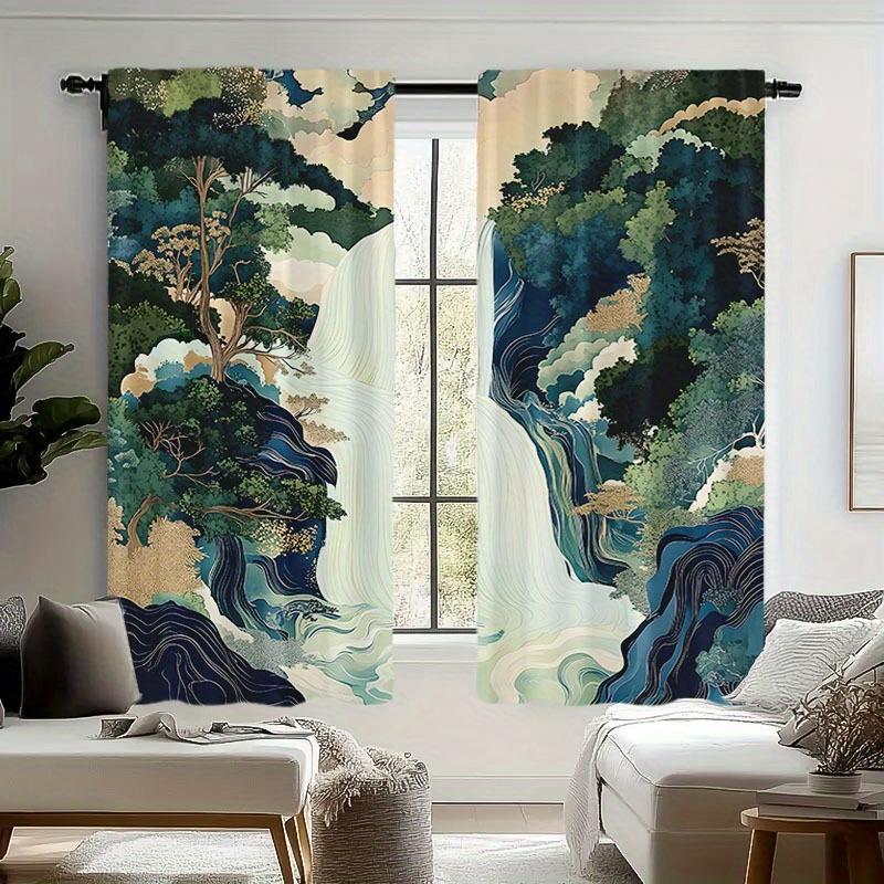 2PCS East Asian Landscape Sheer Curtains – Green Mountain Tree Print   Rod Pocket Polyester for Living Room Bedroom Dining