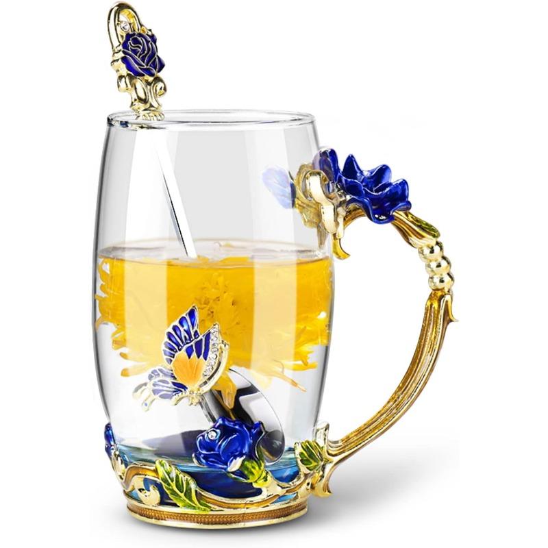 Glass Coffee Enamels Mug with Steel Spoon ,Best Birthday Valentines Gifts for Women,Enamel Flower Lead-free Glass Coffee Mugs Tea Cup