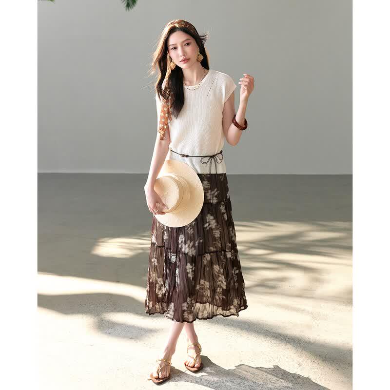 TERRE BLEUE Women's Summer Knit T-Shirt & Skirt Set