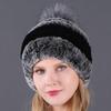 Women's Fur Hat with Rex Rabbit and Fox Fur Pompon for Autumn and Winter