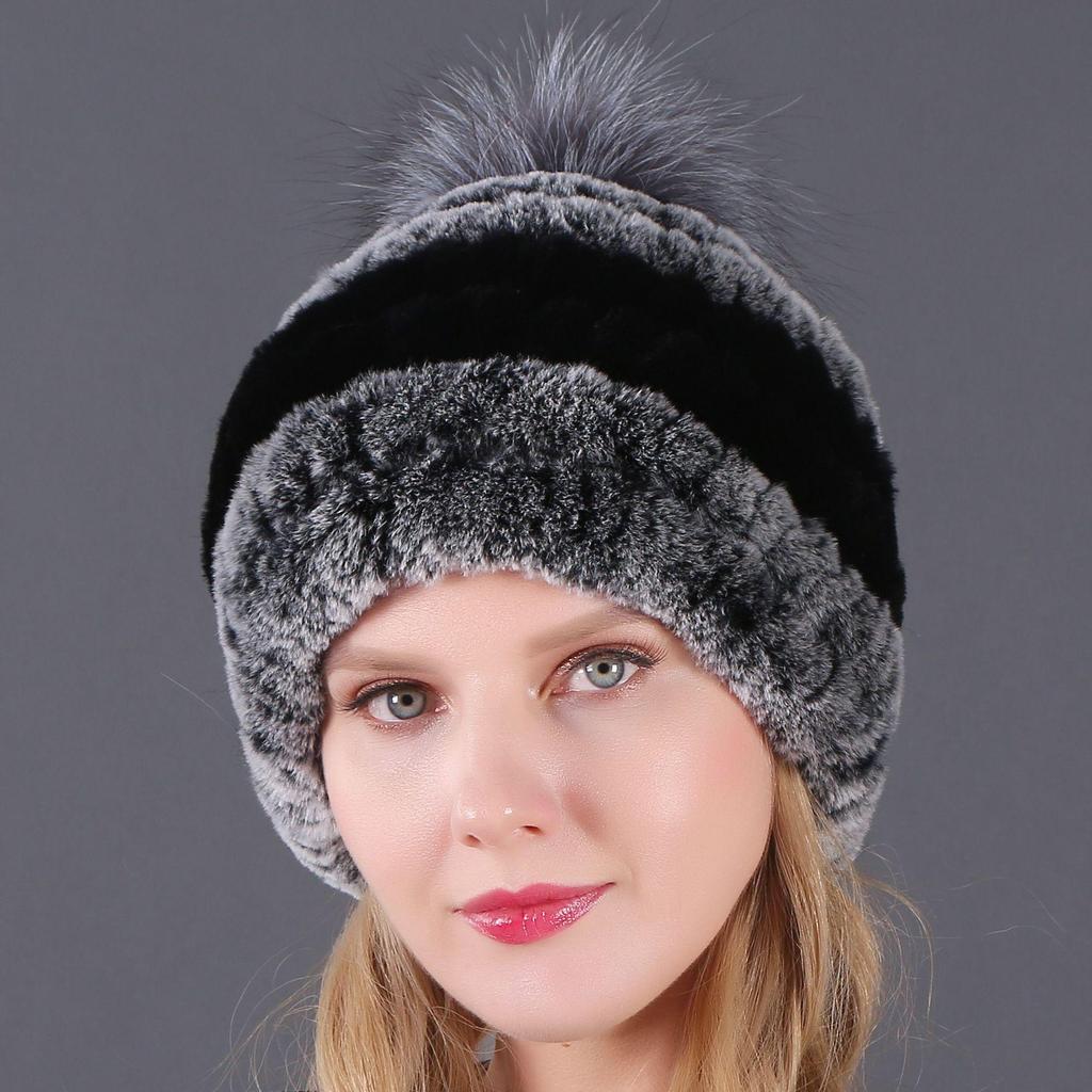 Women's Fur Hat with Rex Rabbit and Fox Fur Pompon for Autumn and Winter