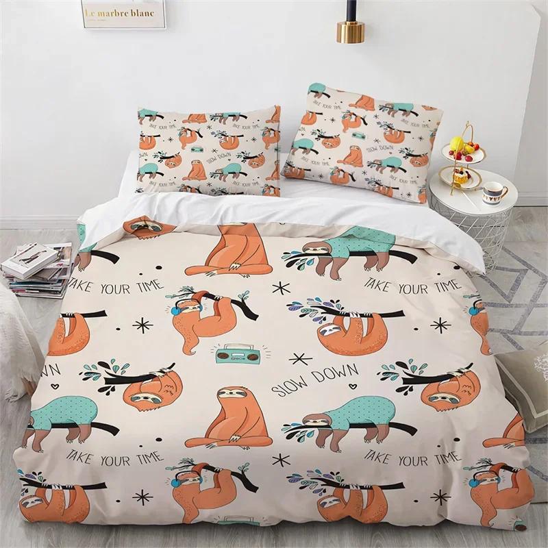 Sloth Bedding Set Kawaii Animals Comforter Cover For Boys Girls Teens,Botancial Flowers Duvet Cover Cartoon Wildlife Quilt Cover