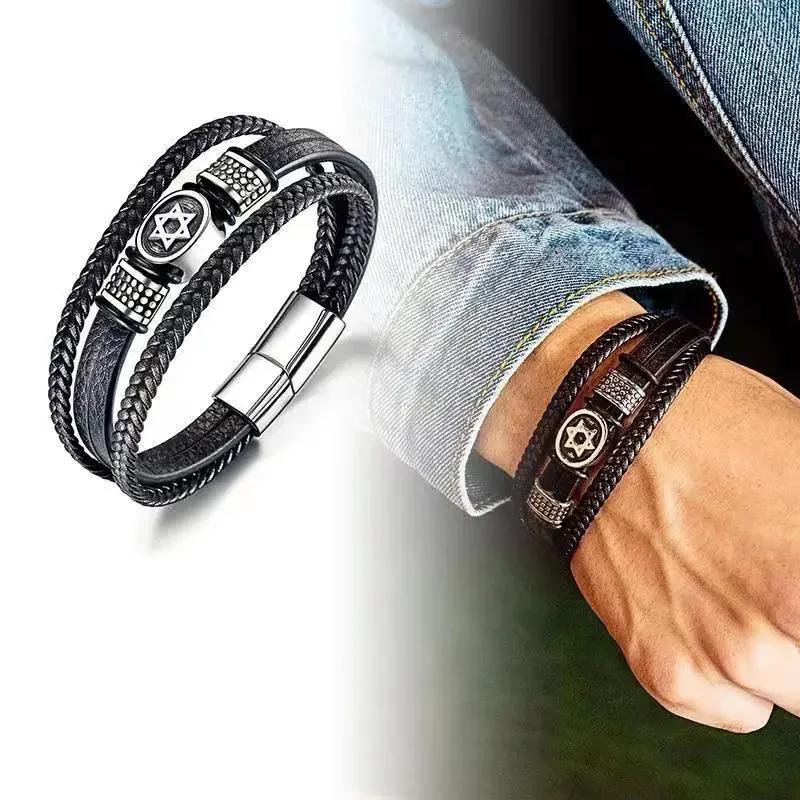 Vintage Handwoven Black Leather Bracelet with High Quality Metal Buckle Suitable for Men\'s Personalized Charm Wristband Jewelry