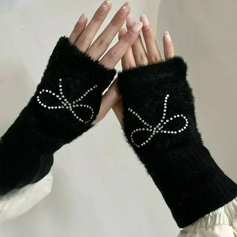 Hotfix Rhinestone Bow Gloves Plush Half Finger Mittens Soft Knitted Gloves Outdoor