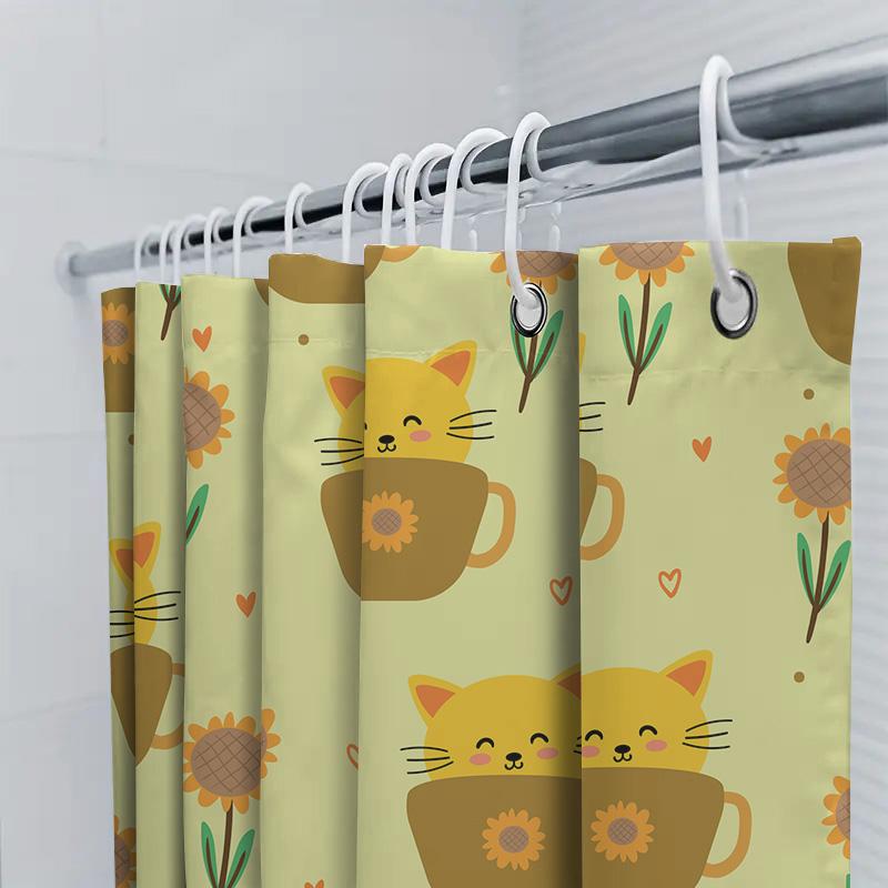 Cute Cat Cup Tea Towel Shower Curtain Home Decoration For Bathroom Waterproof Printing Washable (Yellow)